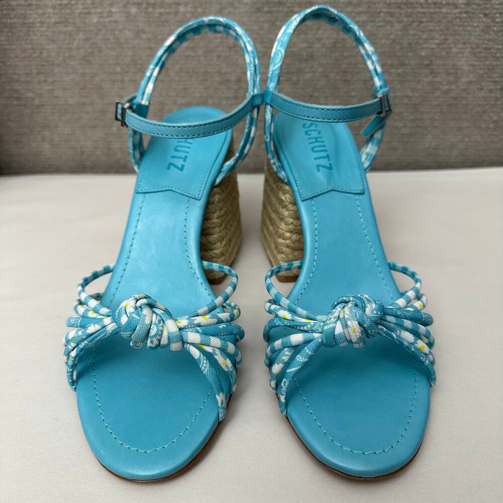 Schutz Dahra Blue Gingham Fabric Knot Strappy Rope Espadrille Block Heel Size 8 - Picture 2 of 10